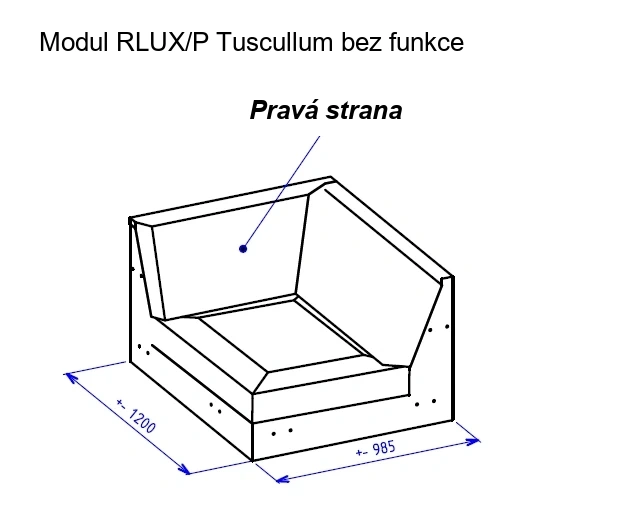 tuscullum-popis-03-modul-rlux-p Rohová sedací souprava TUSCULLUM – modul RLUX pravý, nákres s rozměry